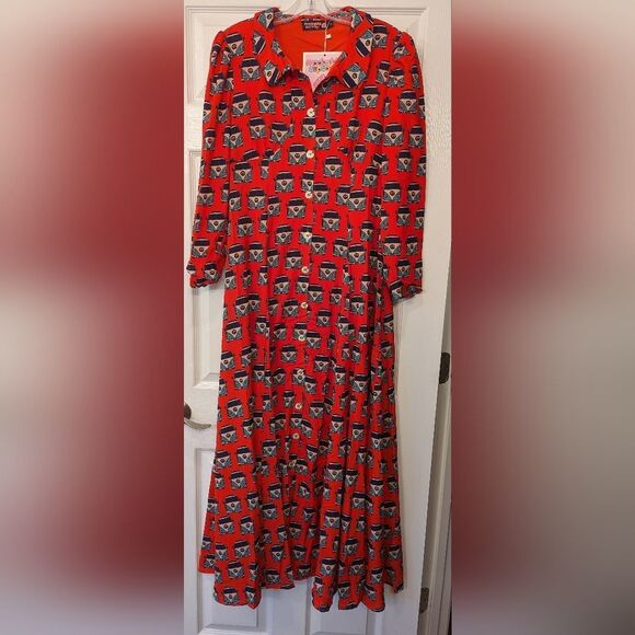 NWT Modestly Cupcake red long maxi button front closure dress with trains size M - Picture 1 of 10